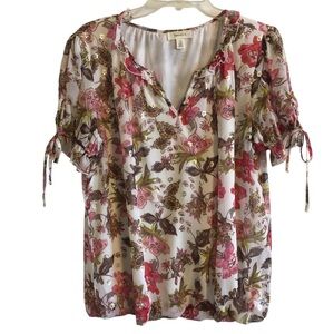 Floral V-Neck Blouse with Pink and Green Accents